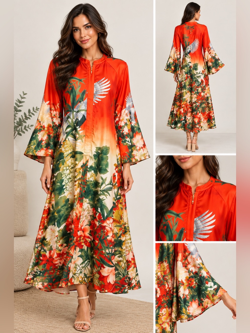 Natori Floral Orange-Red Maxi Dress with Botanical & Crane Motif